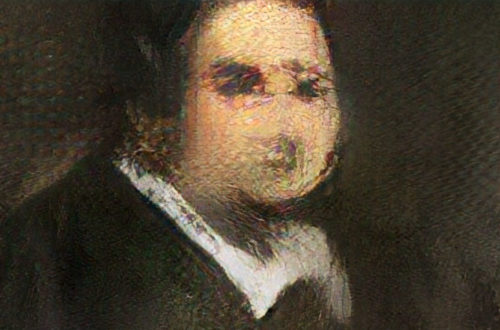 Portrait of Edmond Belamy (detail) created by GAN (Generative Adversarial Network)