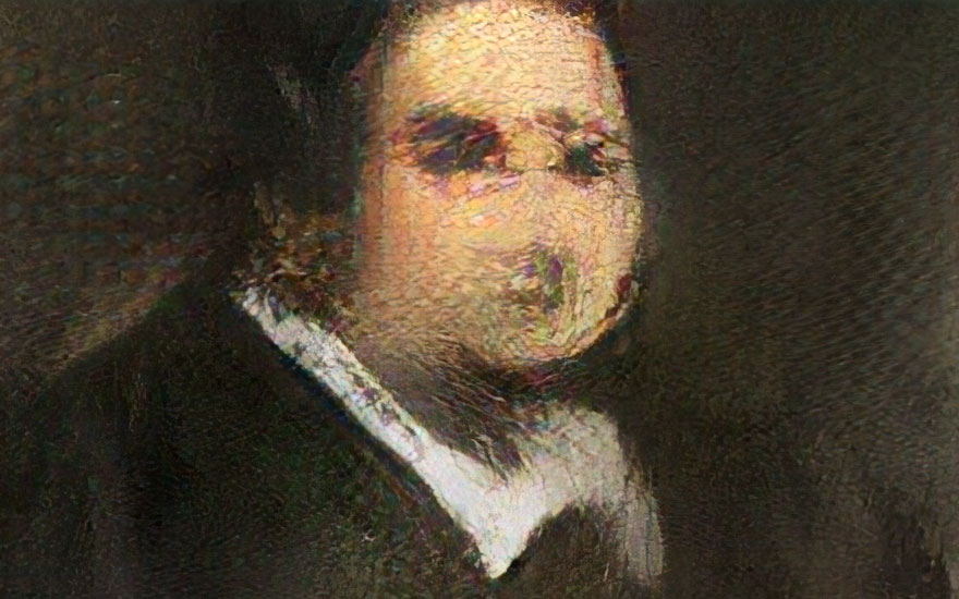 Portrait of Edmond Belamy (detail) created by GAN (Generative Adversarial Network)